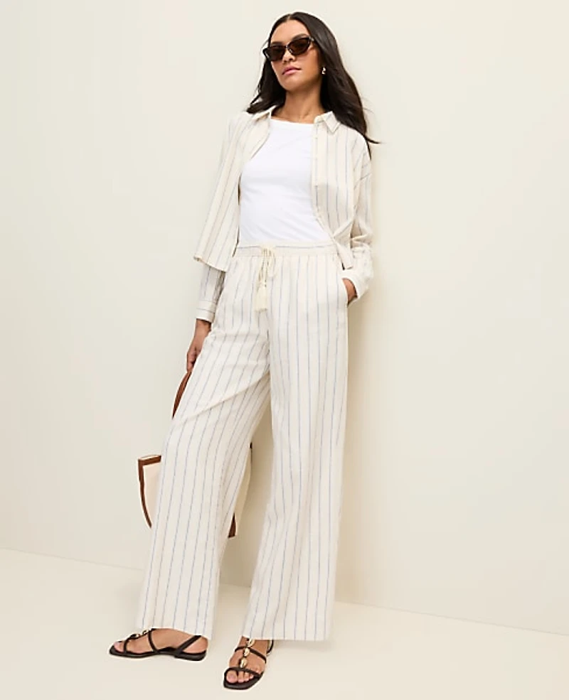 Ann Taylor Weekend Striped Easy Fit Wide-Leg Pant Linen Blend Ocean Oasis Women's