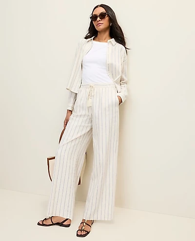 Ann Taylor Weekend Striped Easy Fit Wide-Leg Pant Linen Blend Ocean Oasis Women's
