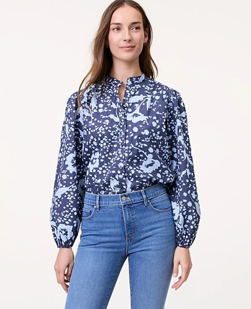 Ann Taylor Weekend Floral Stand Collar Blouse Subdued Navy Women's