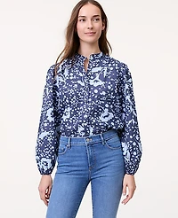 Ann Taylor Weekend Floral Stand Collar Blouse Subdued Navy Women's