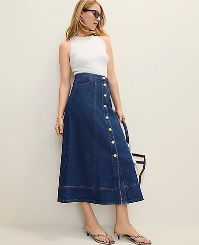 Ann Taylor Buttoned Denim Midi Skirt Effie Wash Women's