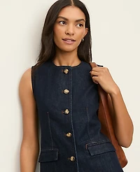 Ann Taylor The Long Crew Neck Vest in Denim Size Medium Classic Rinse Wash Women's