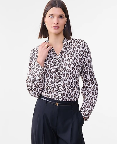 Ann Taylor Animal Print Ruffle Shirt Pale Linen Women's