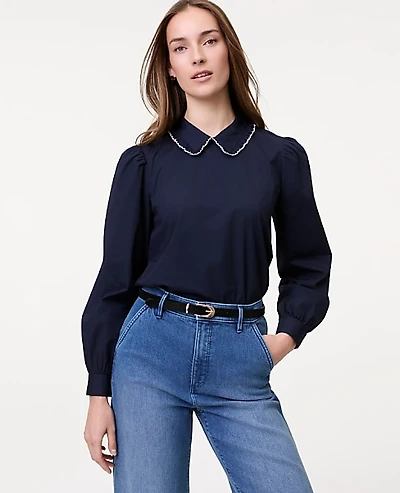 Ann Taylor Weekend Scalloped Trim Blouse Women's