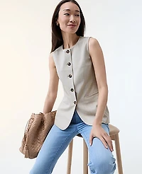 Ann Taylor The Petite Long Crew Neck Vest Plaid Tan/Blue Combo Women's
