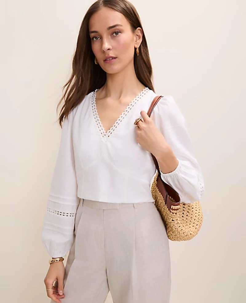 Ann Taylor Embroidered V-Neck Blouse Linen Blend White Women's