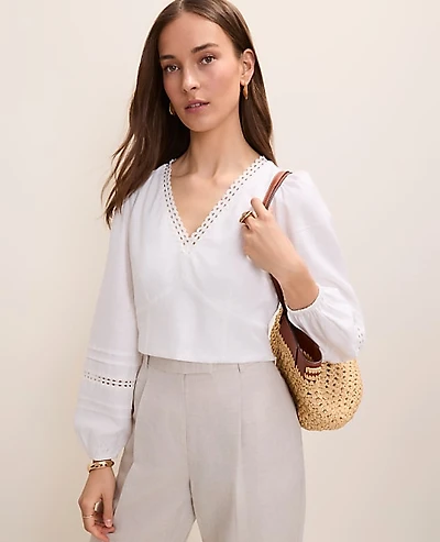 Ann Taylor Embroidered V-Neck Blouse Linen Blend White Women's