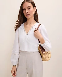 Ann Taylor Embroidered V-Neck Blouse Linen Blend White Women's