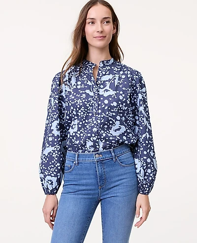 Ann Taylor Petite Weekend Floral Stand Collar Blouse Subdued Navy Women's