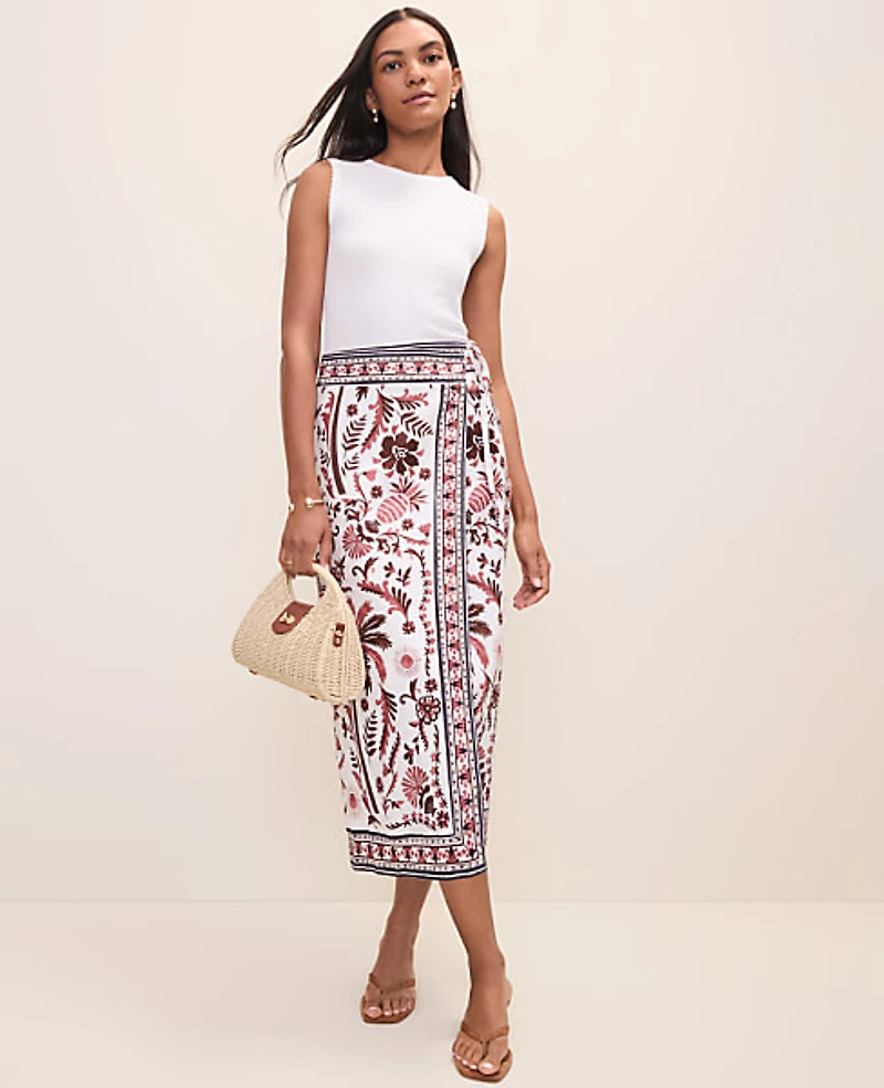 Ann Taylor Weekend Palm Print Wrap Skirt Linen Blend Rich Walnut Women's