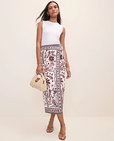Ann Taylor Weekend Palm Tree Print Sarong Midi Skirt Linen Blend Rich Walnut Women's
