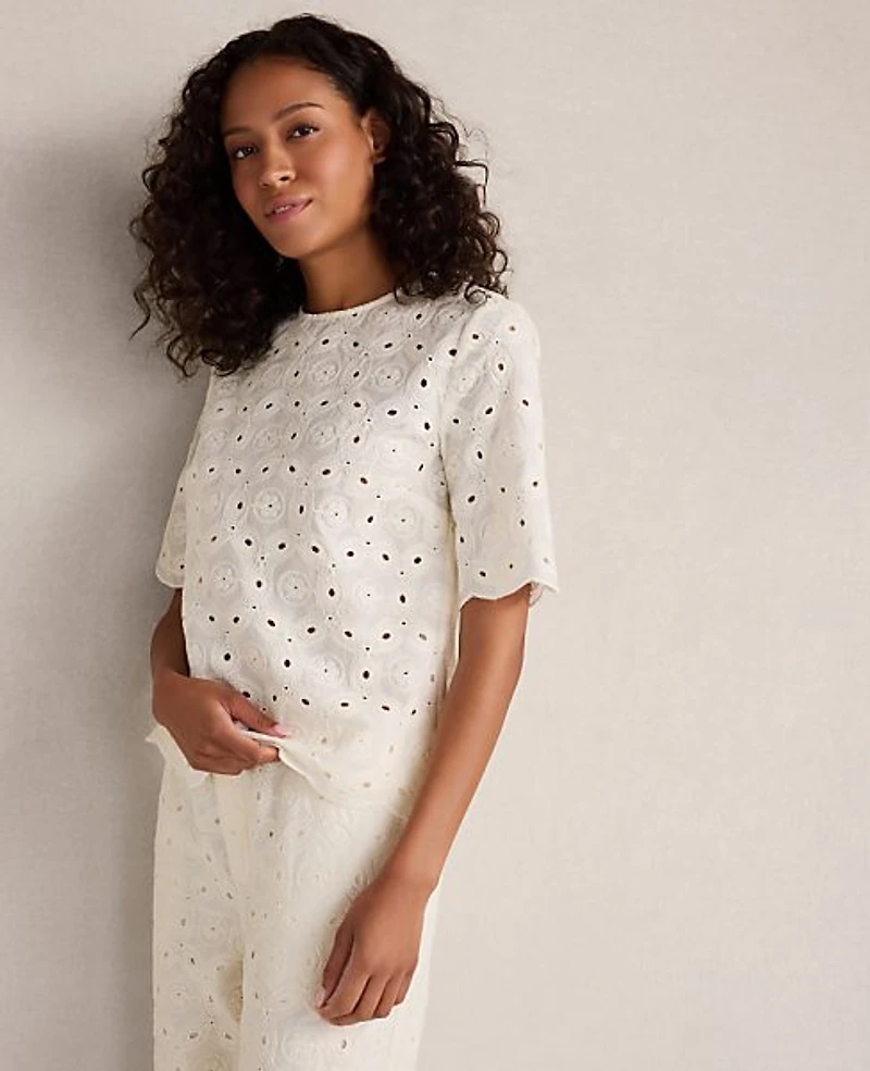 Ann Taylor Haven Well Within Organic Cotton Eyelet Short Sleeve Top Ivory Women's