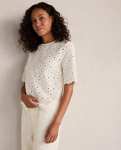 Ann Taylor Haven Well Within Organic Cotton Eyelet Short Sleeve Top Ivory Women's