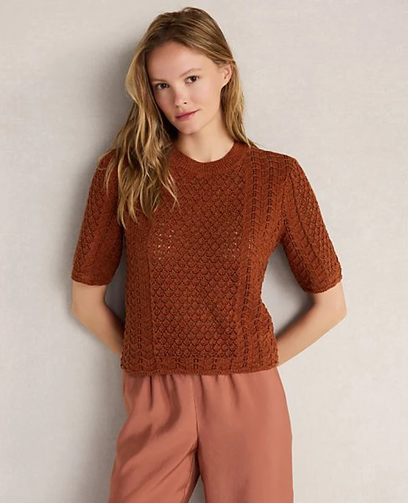 Ann Taylor Haven Well Within Organic Cotton Linen Pointelle Short Sleeve Sweater Pumpkin Spice Women's
