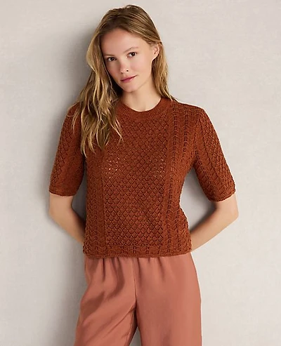 Ann Taylor Haven Well Within Organic Cotton Linen Pointelle Short Sleeve Sweater Pumpkin Spice Women's
