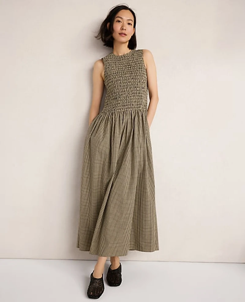 Ann Taylor Haven Well Within Organic Cotton Poplin Smocked Gingham Midi Dress Night Navy Women's