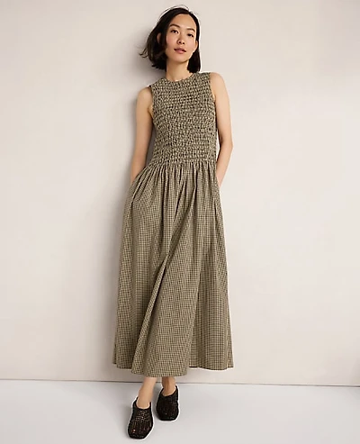 Ann Taylor Haven Well Within Organic Cotton Poplin Smocked Gingham Midi Dress Night Navy Women's