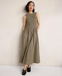 Ann Taylor Haven Well Within Organic Cotton Poplin Smocked Gingham Midi Dress Night Navy Women's