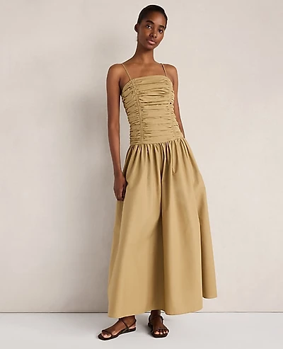 Ann Taylor Haven Well Within Organic Cotton Poplin Ruched Bodice Dress Truffle Women's