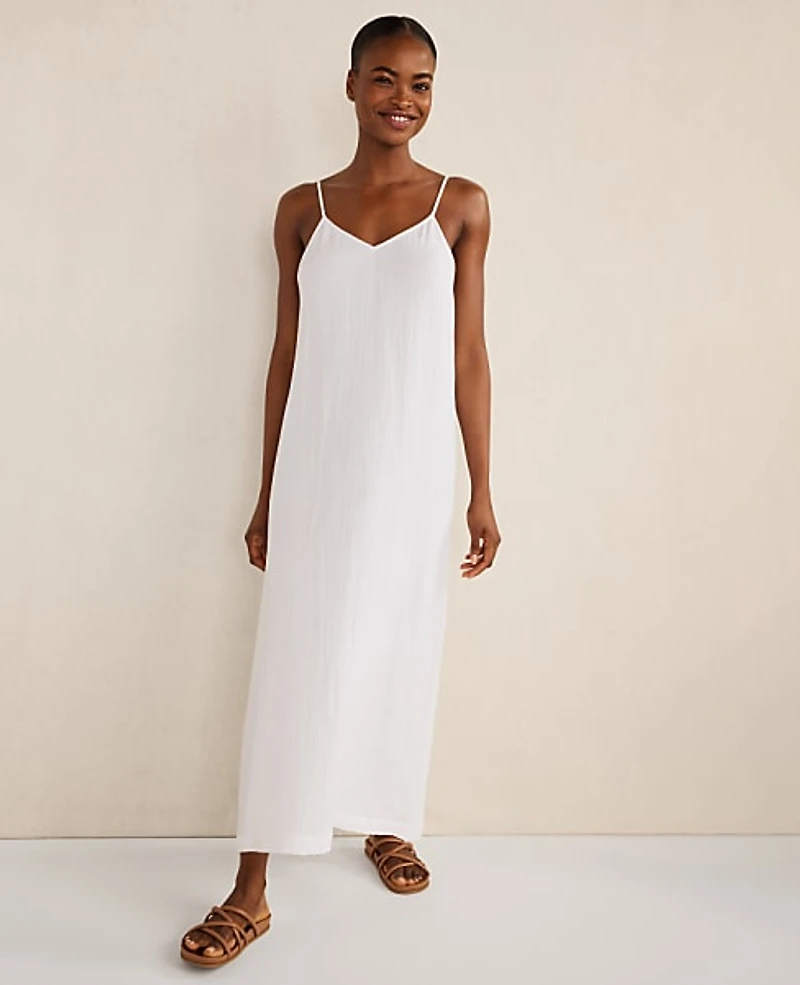 Ann Taylor Haven Well Within Organic Cotton Gauze V-Neck Midi Dress White Women's