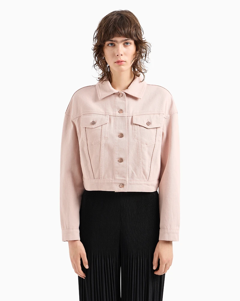 Cropped used effect denim jacket