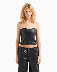 Coated denim sweetheart neckline top