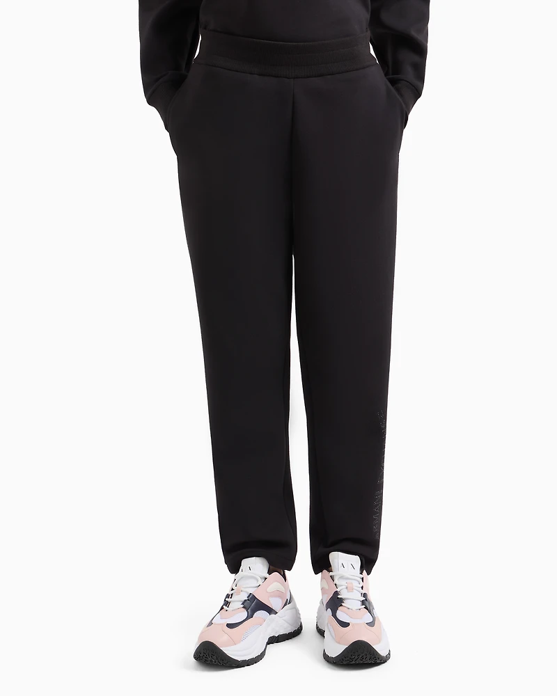 Stretch fabric jogger pants with rhinestone logo