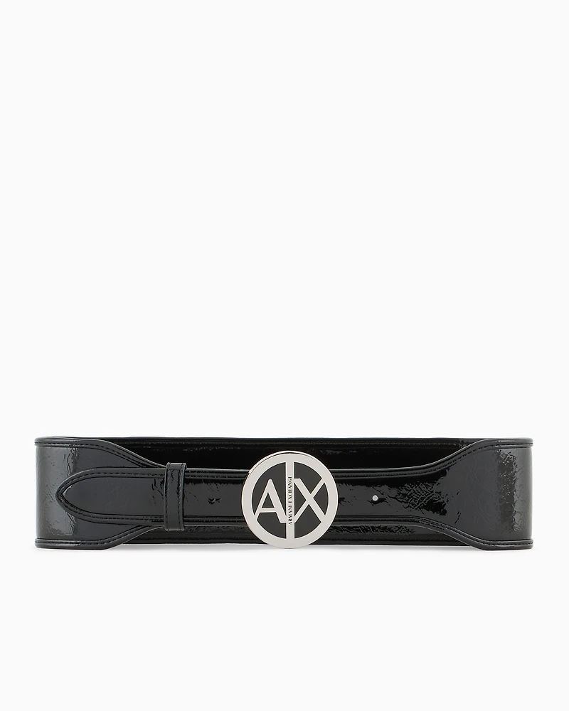 High patent leather belt with logo