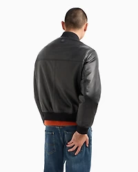Leather jacket with fabric details