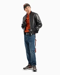 Leather jacket with fabric details