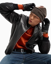 Leather jacket with fabric details