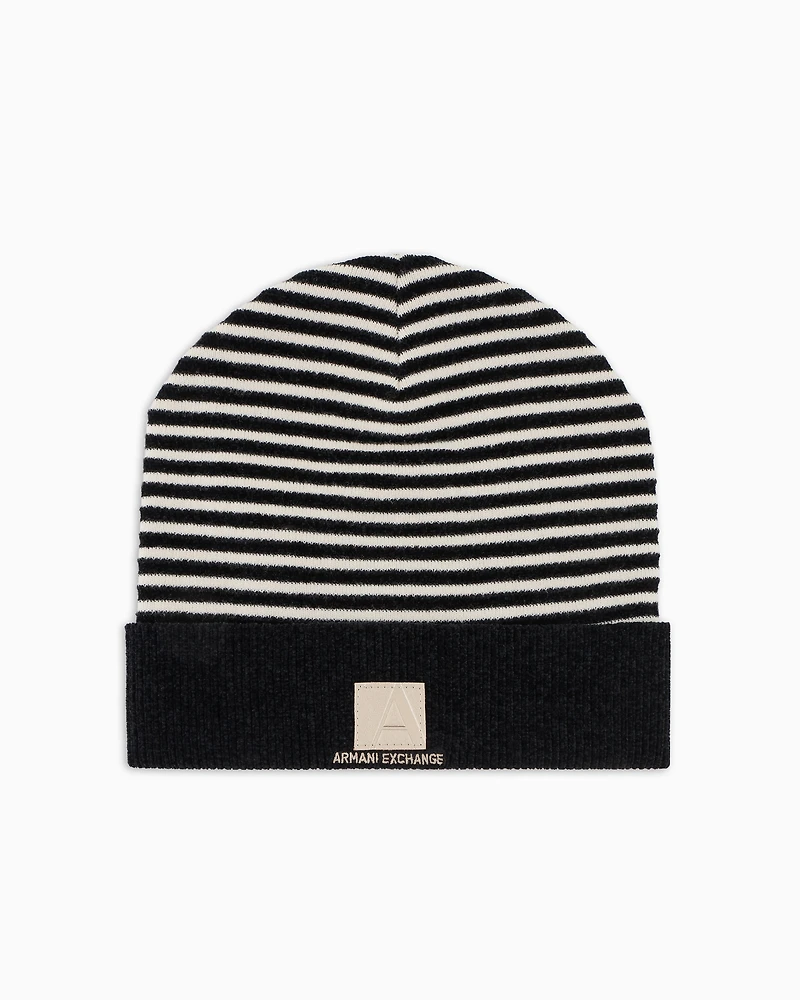 Striped beanie hat with logo