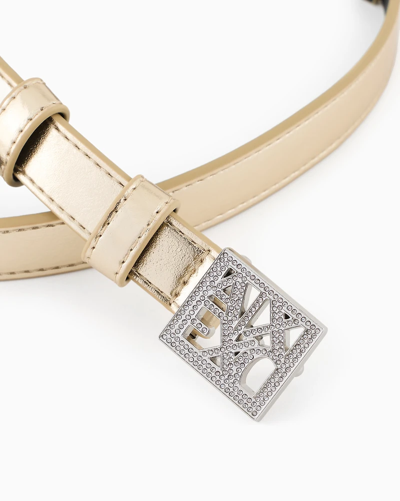 Metallic effect belt with rhinestone logo