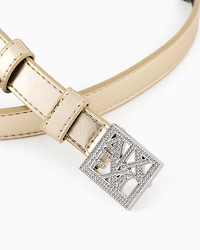 Metallic effect belt with rhinestone logo
