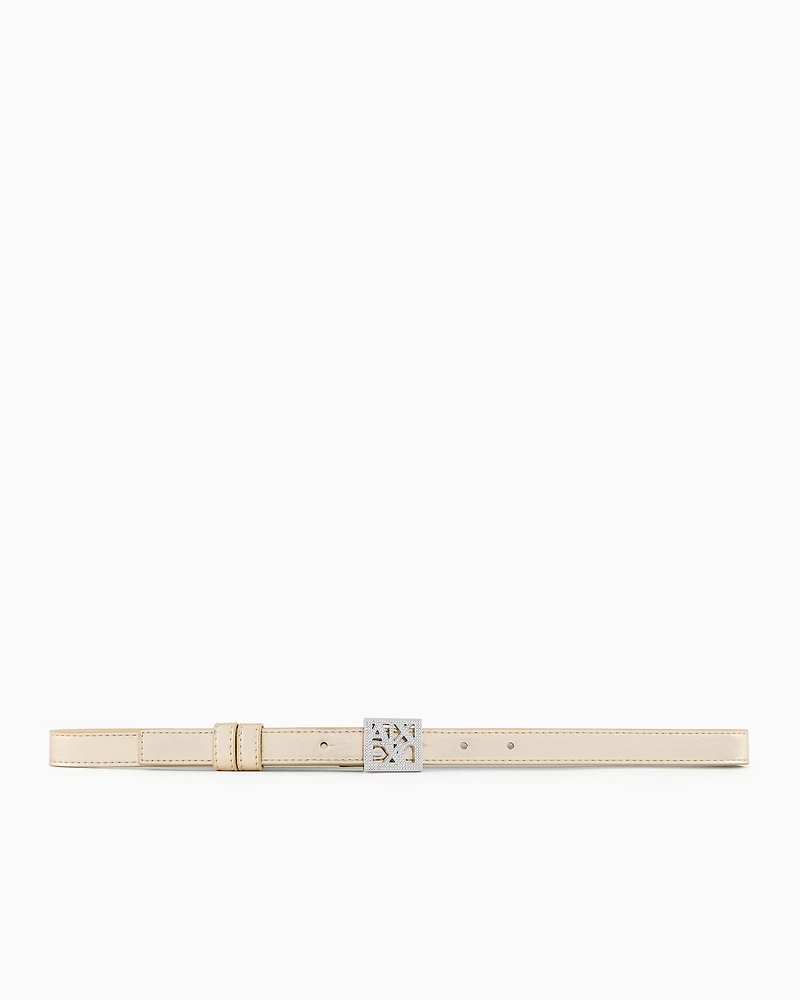 Metallic effect belt with rhinestone logo