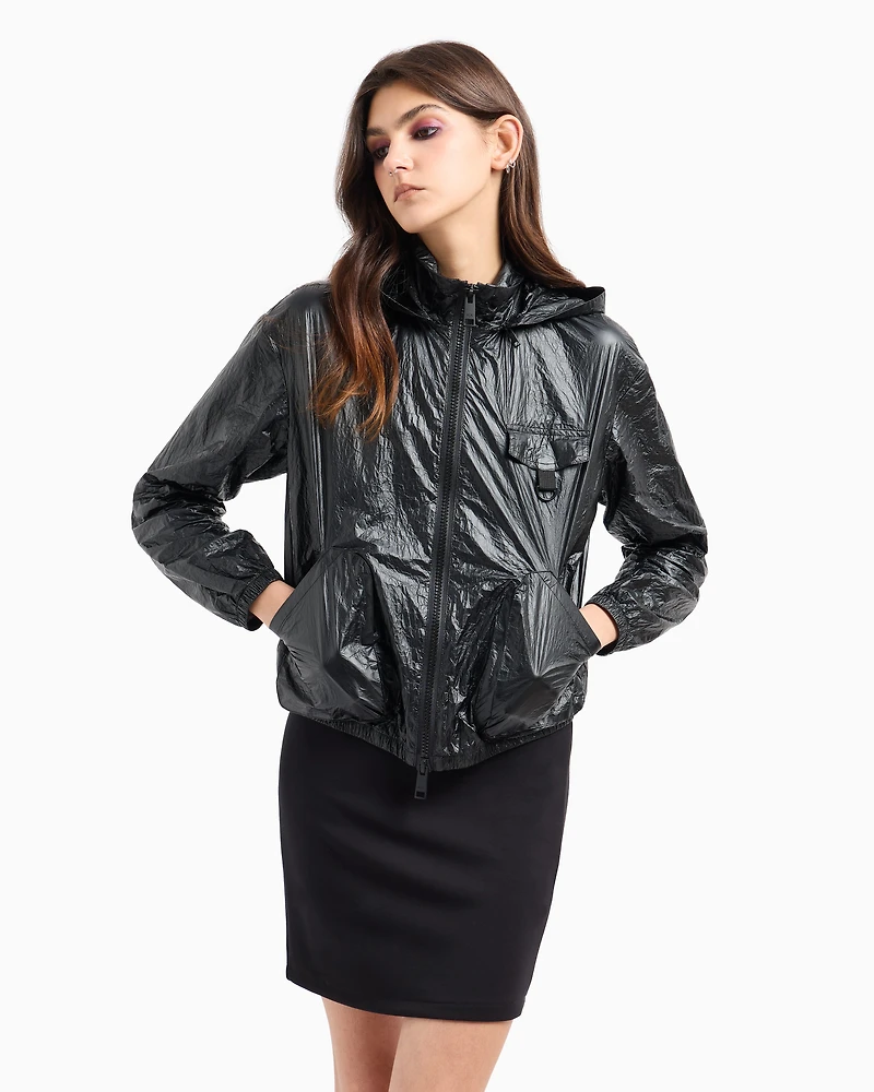 Non-woven windbreaker with hood and hook