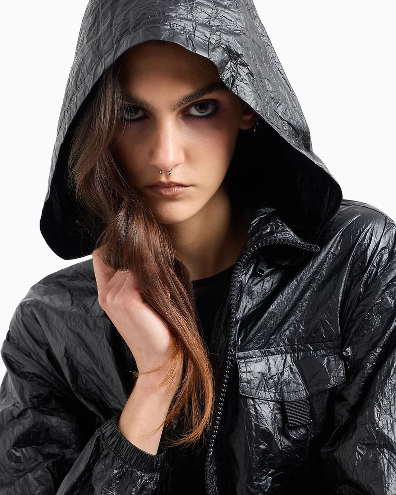 Non-woven windbreaker with hood and hook
