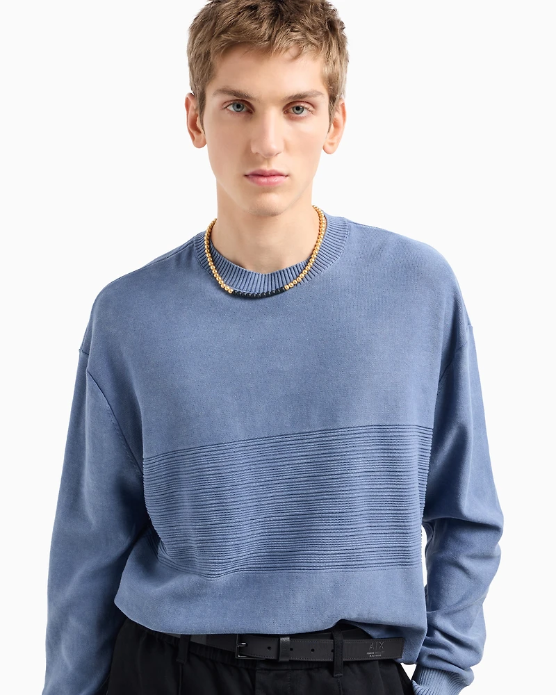 Crew-neck cotton sweater with central processing