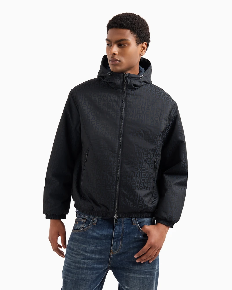 Hooded jacket fabric with allover logo