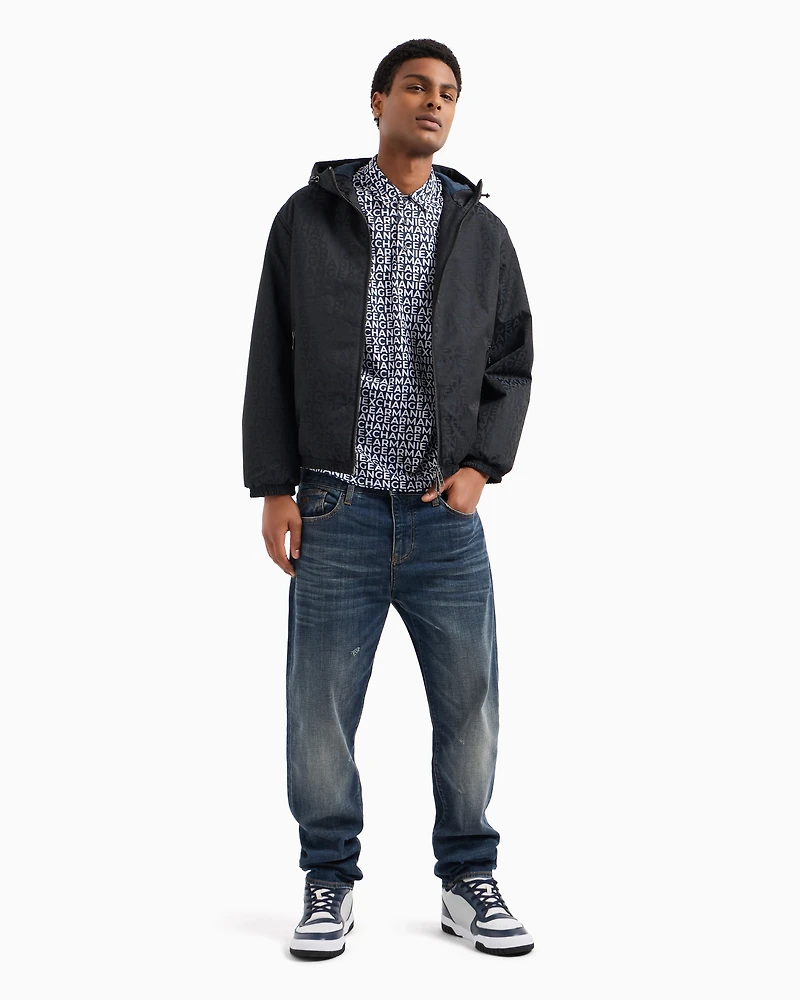 Hooded jacket fabric with allover logo