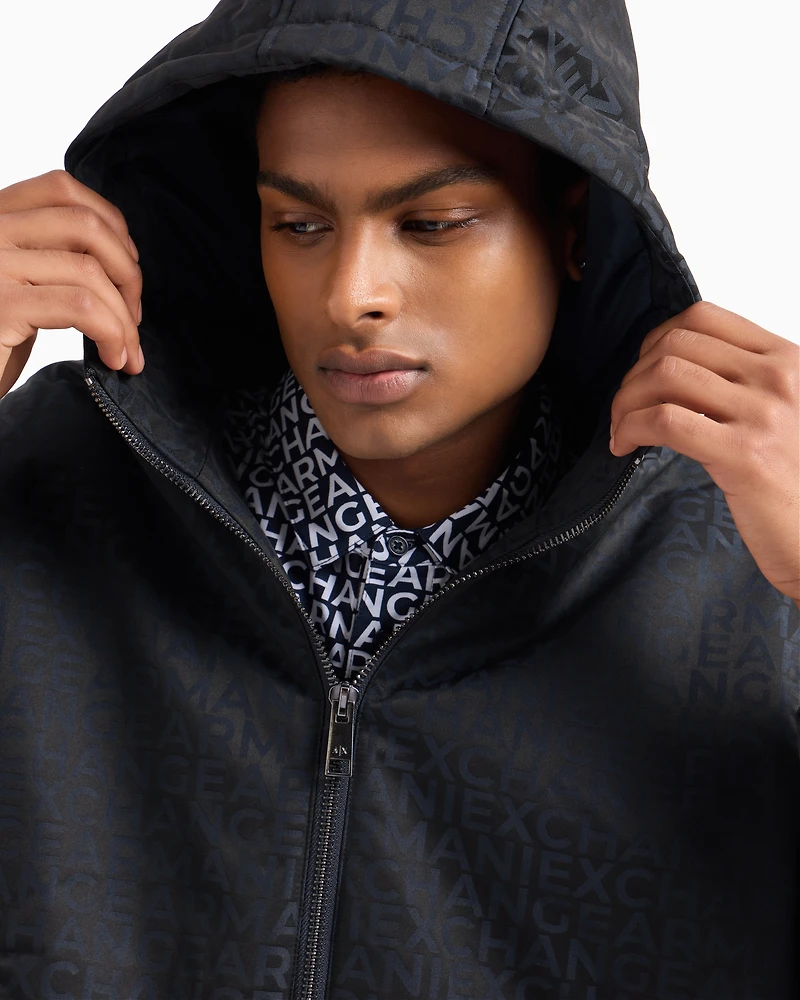 Hooded jacket fabric with allover logo