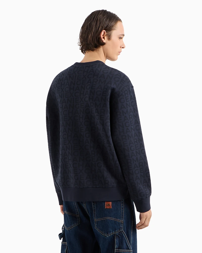 Crewneck sweatshirt bonded cotton with allover tone-on-tone logo