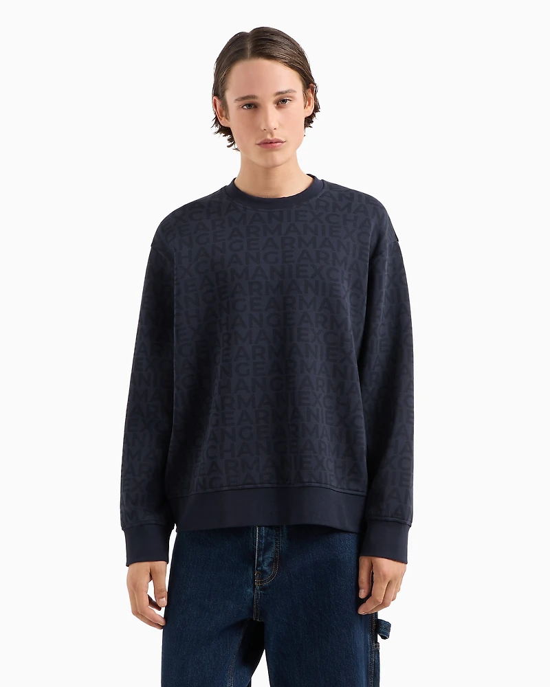 Crewneck sweatshirt bonded cotton with allover tone-on-tone logo