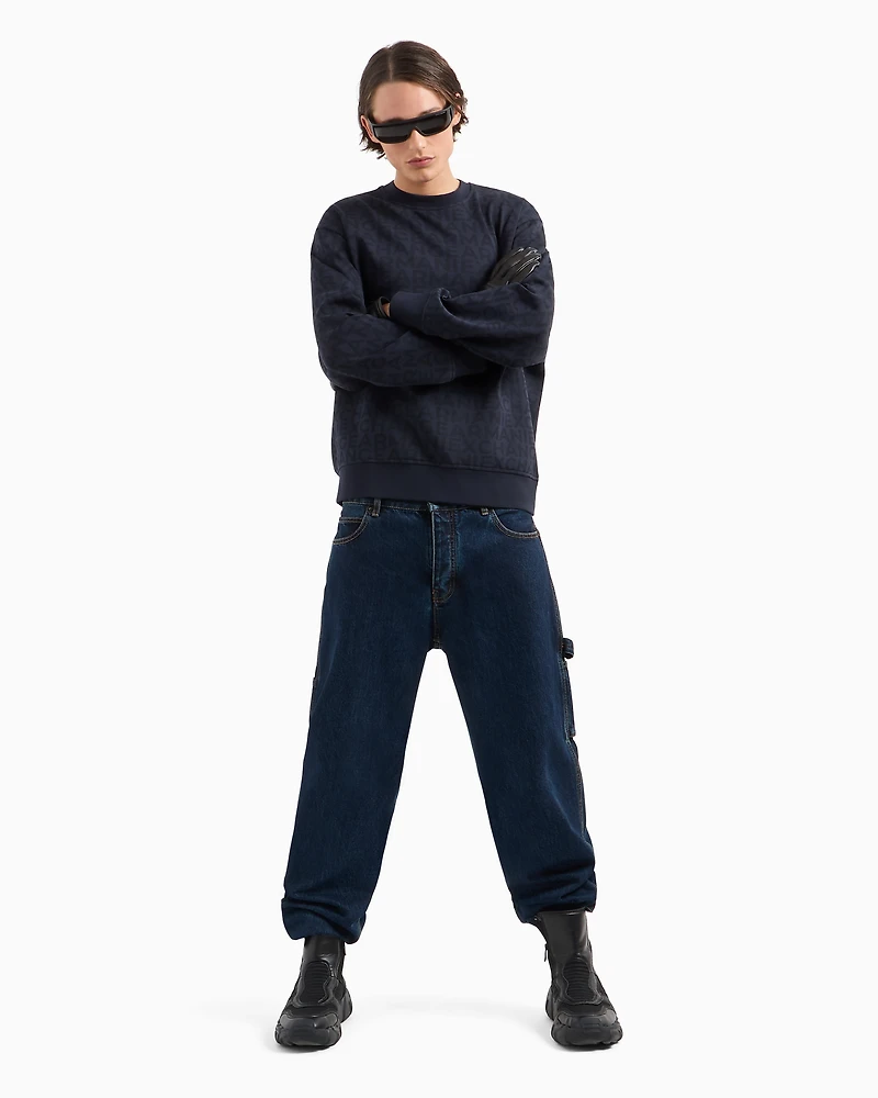 Crewneck sweatshirt bonded cotton with allover tone-on-tone logo