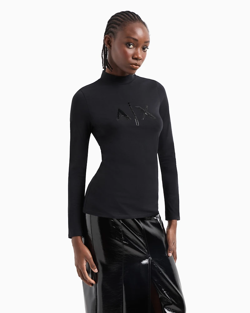 Long-sleeved sweater with high neck and sequin logo