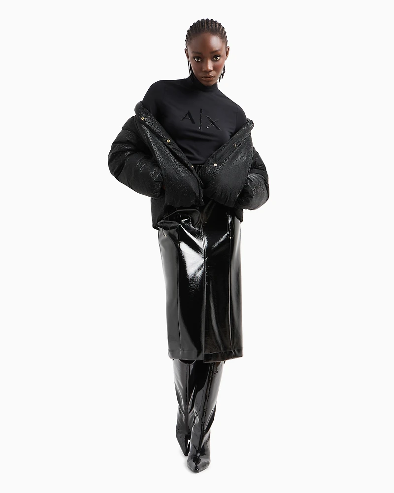 Long-sleeved sweater with high neck and sequin logo