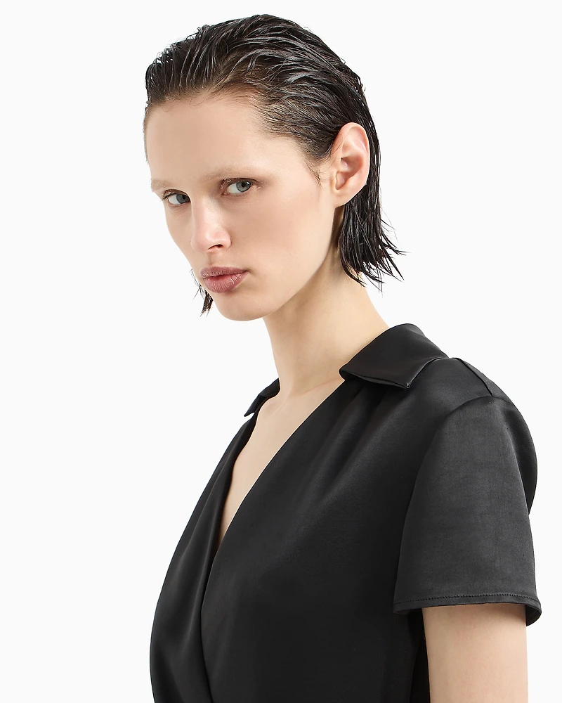 Short satin dress with overlapping neckline