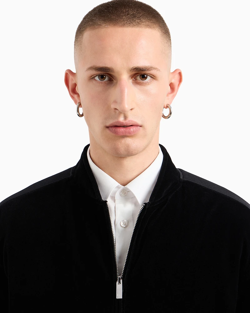 Velour bomber jacket with contrasting bands on the sleeves