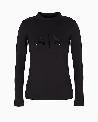 Long-sleeved sweater with high neck and sequin logo