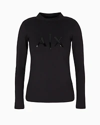 Long-sleeved sweater with high neck and sequin logo